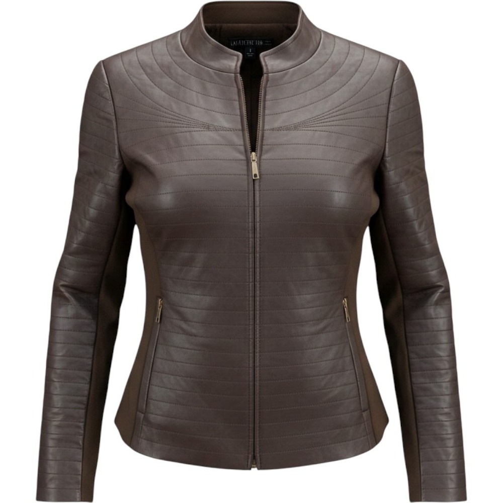 Lafayette 148 New York Leather Jacket Womens 6 Full Zip Brown Ribbed Knit Trim